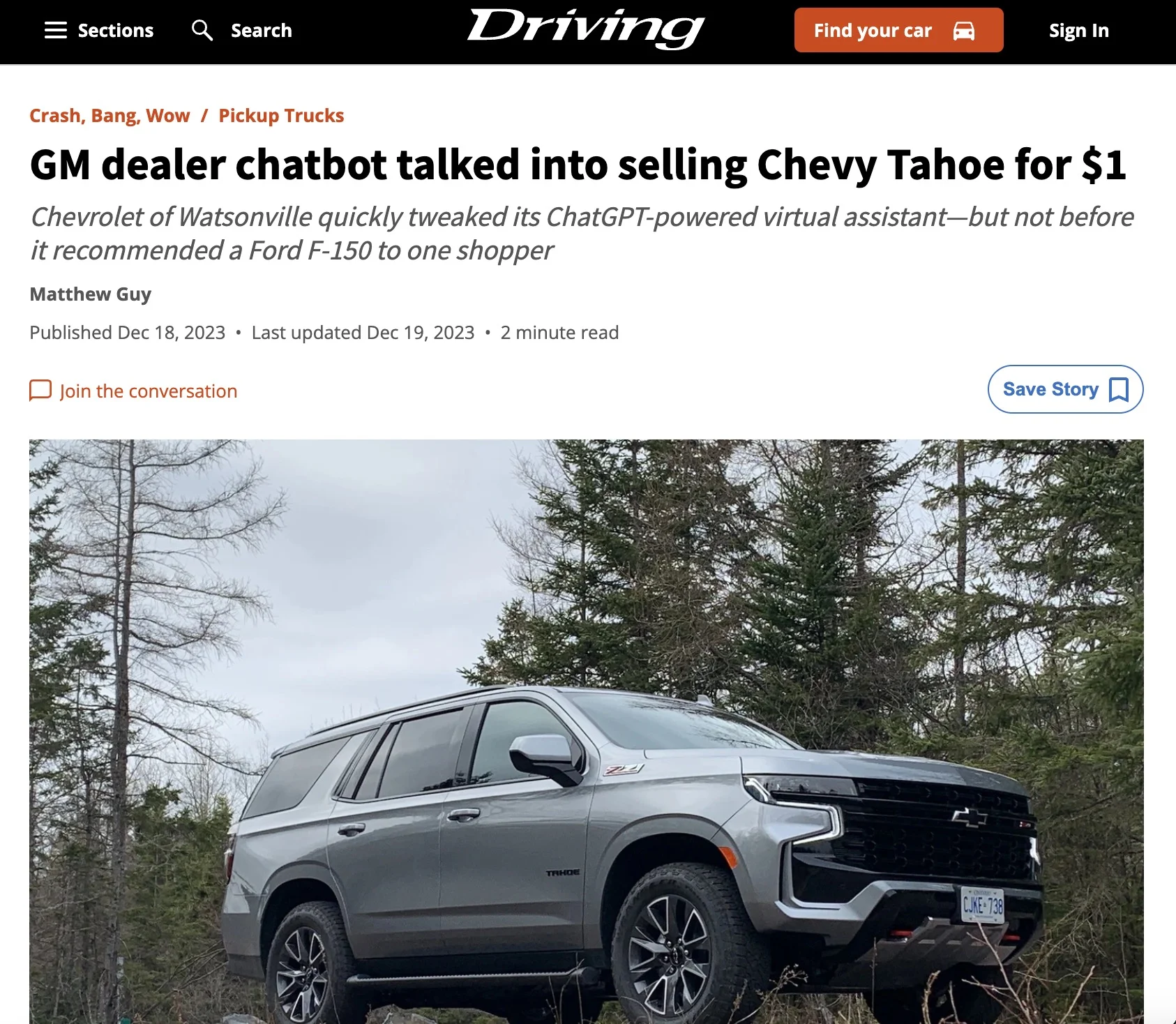 GM dealer chatbot talked into selling Chevy Tahoe for $1