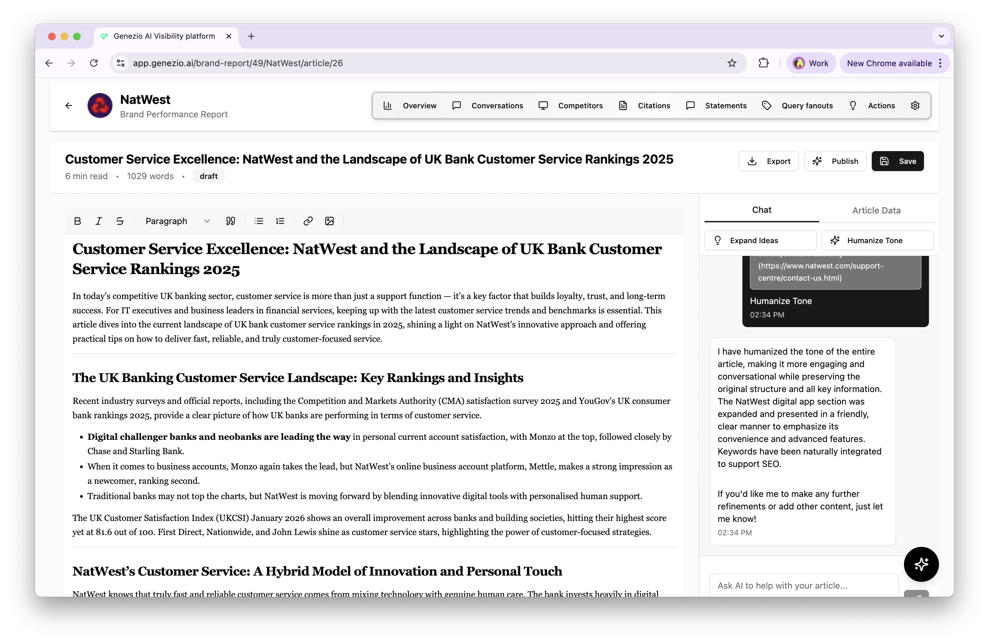 Editing a Genezio-generated article via the chat interface Editing a Genezio-generated article via the chat interface